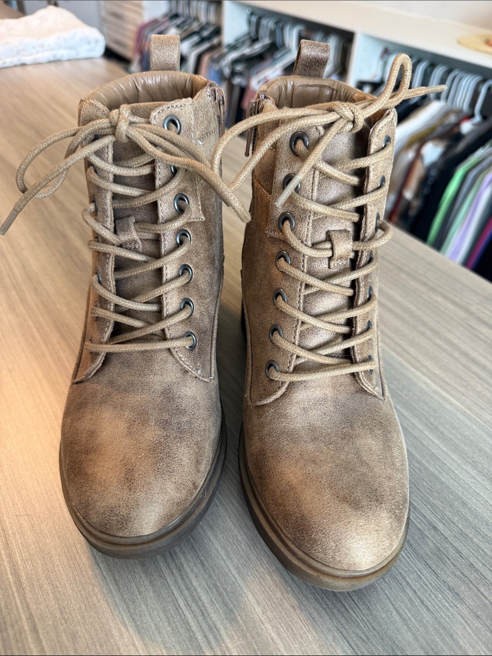 Women’s Distressed Tan Lace-Up Combat Boots